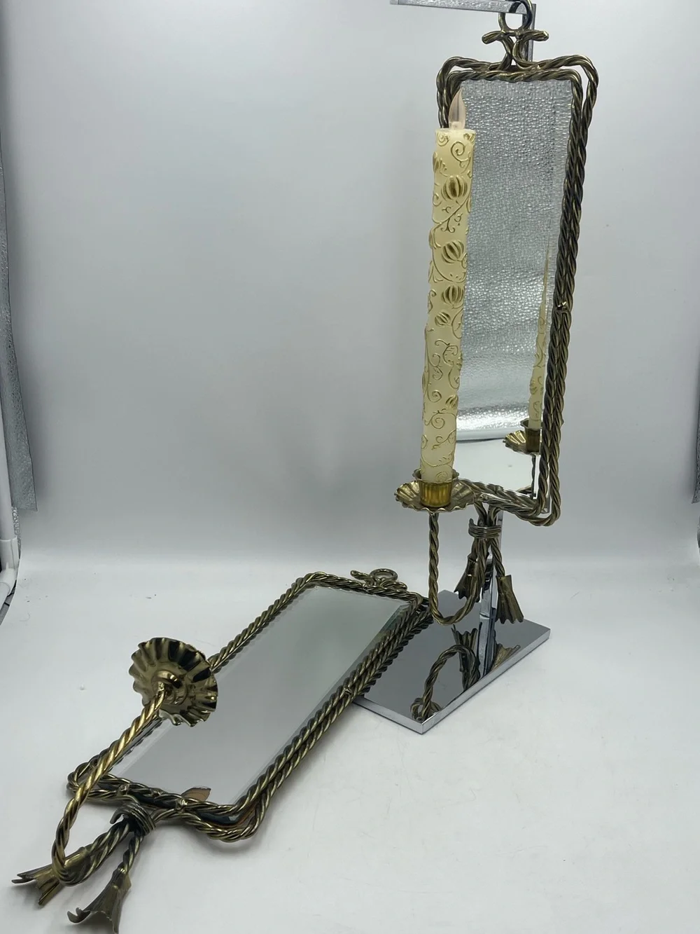 2 Mid Century Hollywood Regency Brass Rope & Tassel Mirrored Candle Wall Sconces